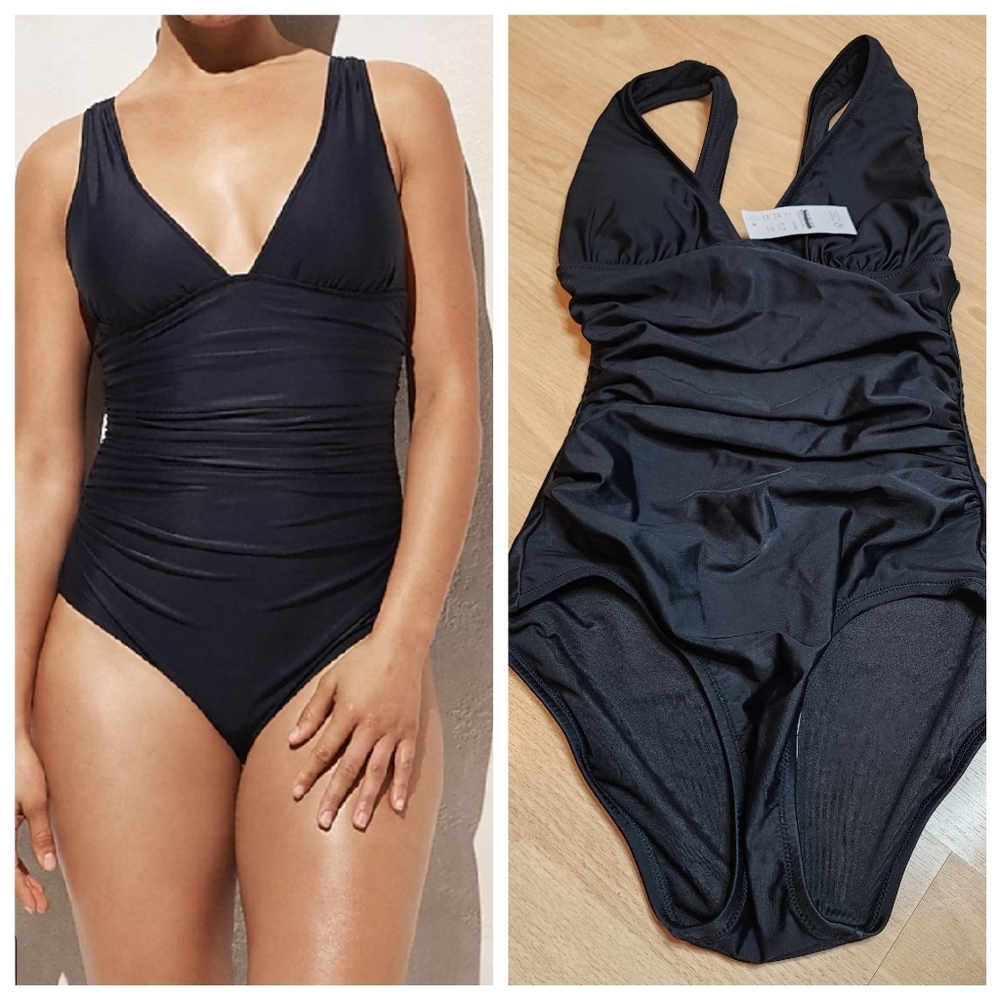 NWT J. Crew Black Ruched V-neck one piece swimsuit. Size 0.